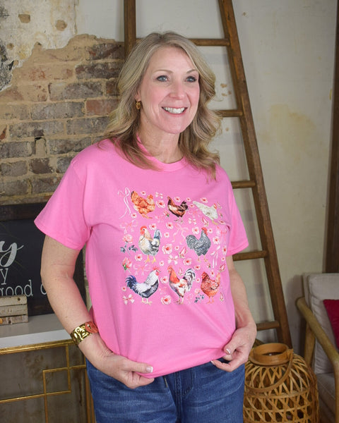 CHICKENS AND BOWS GRAPHIC TEE- RED - CURVY