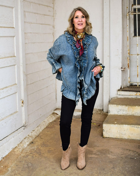 RUFFLED COTTON TOP BY A RARE BIRD - DENIM