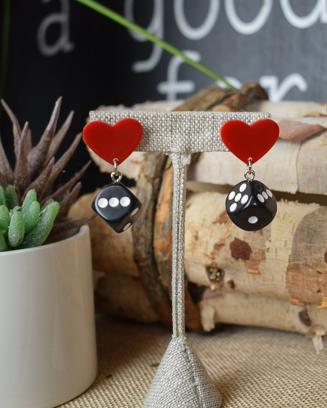 DICE & HEART DANGLE EARRINGS - BLACK