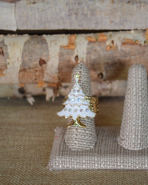 CHRISTMAS TREE WITH CRYSTALS STRETCHY RING - WHITE