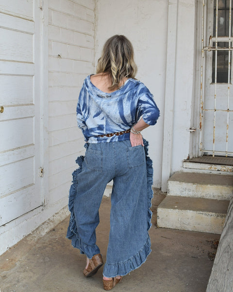FRAYA RUFFLE HEM DENIM PANT - DENIM