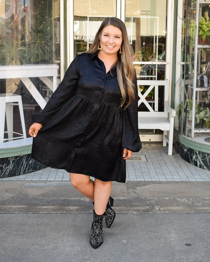 ADA METALLIC SHEEN SHIRT DRESS - BLACK Salty Lime Boutique ADA METALLIC SHEEN SHIRT DRESS - BLACK Salty Lime Boutique