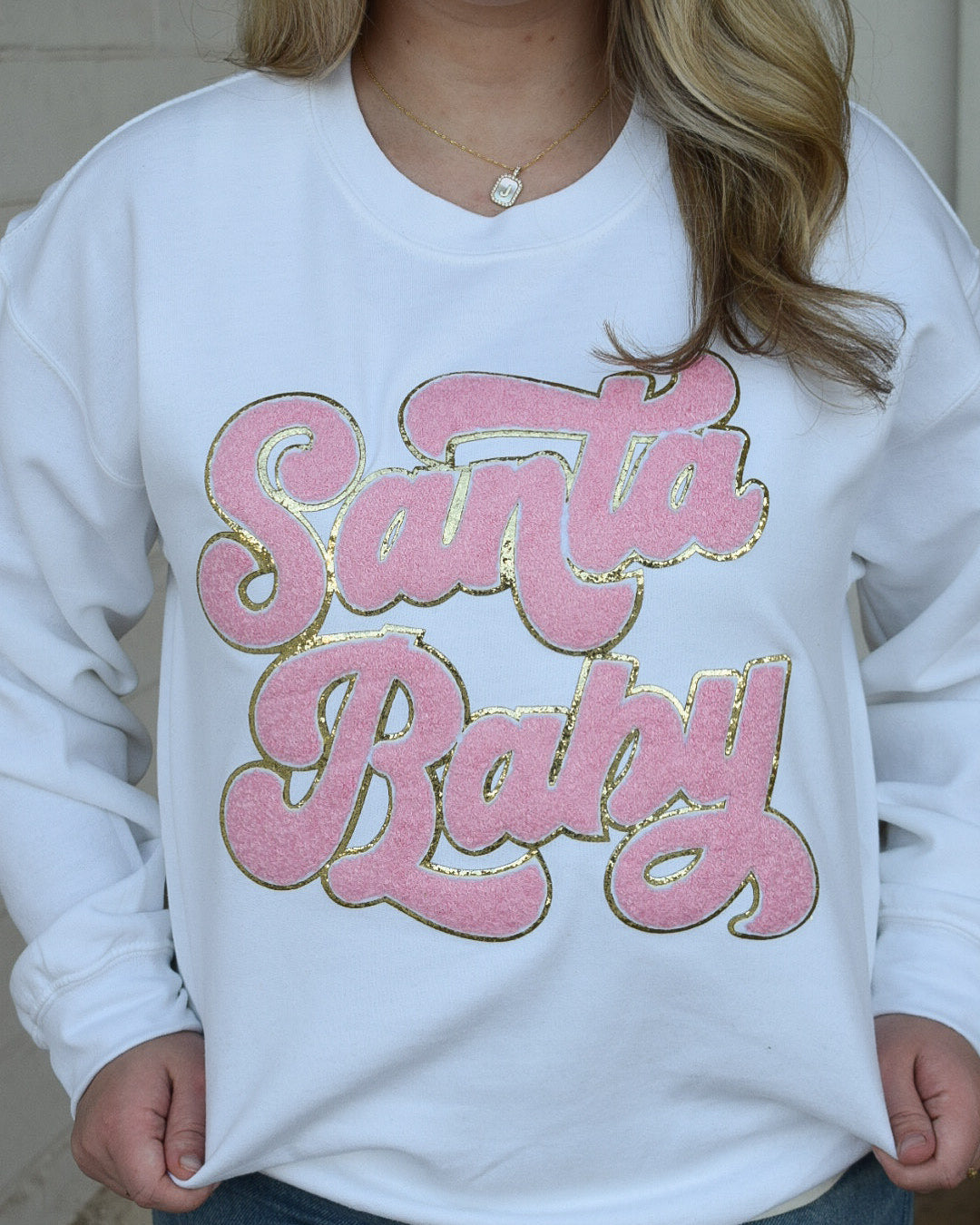 SANTA BABY PINK SEQUINS PATCH SWEATSHIRT - WHITE