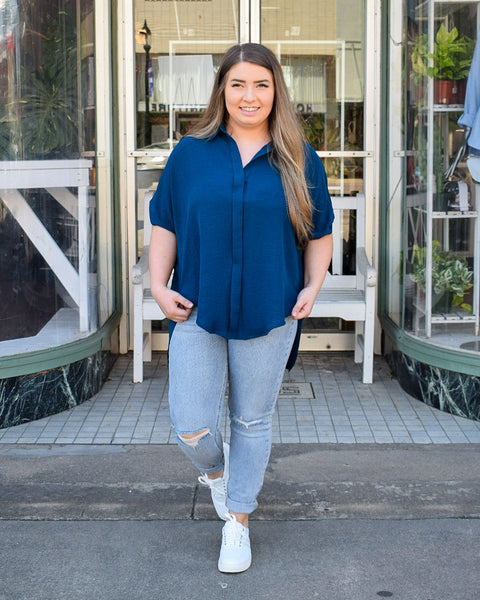 KATRINA BUTTON DOWN HI-LOW SHIRT BY UMGEE- TEAL BLUE