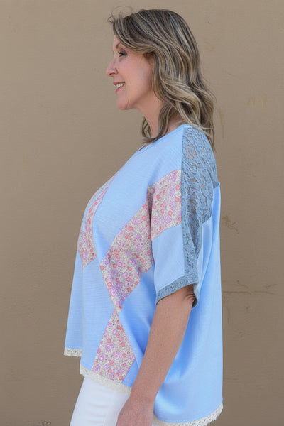 Peaceful Blooms Color Block Top - Lt. Blue
