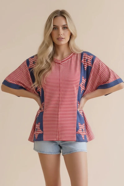 V-Neck Dolman Sleeve Stripe & Solid Color Block Star Patch Knit Top - Red - Salty Lime Boutique