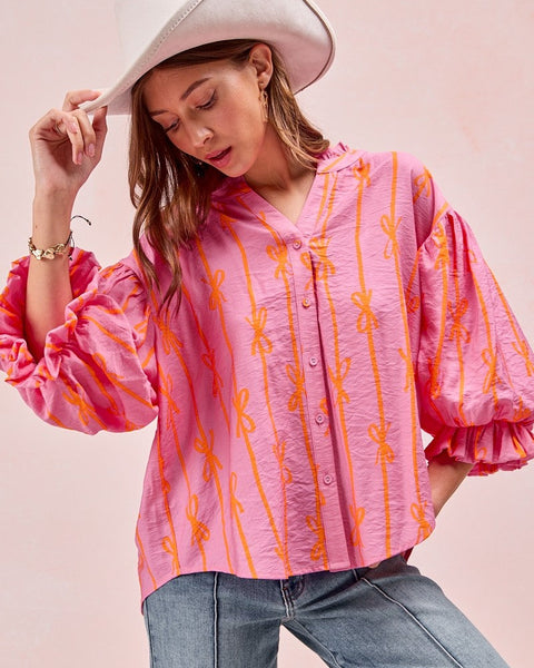 BOW RIBBON PRINTED WOVEN BUBBLE SLEEVES TOP WIHT BUTTON DOWN - REG/CURVY - Salty Lime Boutique