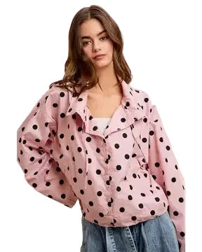 Polka Dot Hooded Windbreaker Jacket - Reg/Curvy - Dusty Pink - Salty Lime Boutique