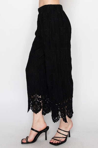 Embroidered lace wide leg pants  OLS-4986BK: BK / S/M - Salty Lime Boutique