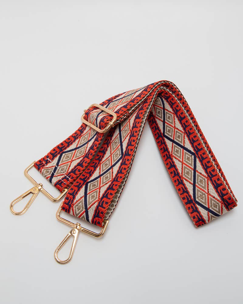GEOMETRIC DIAMOND WOVEN ADJUSTABLE WOVEN BAG STRAP - BEIGE/NAVY