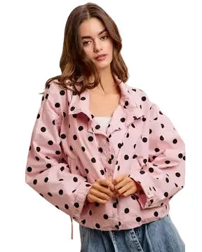 Polka Dot Hooded Windbreaker Jacket - Reg/Curvy - Dusty Pink - Salty Lime Boutique