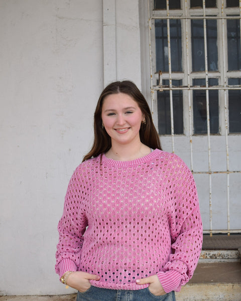 MINERAL WASHED OPEN KNIT LONG SLEEVE SWEATER  - PINK - Salty Lime Boutique