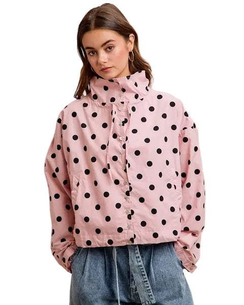 Polka Dot Hooded Windbreaker Jacket - Reg/Curvy - Dusty Pink - Salty Lime Boutique