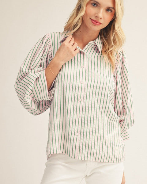 Button Down Textured Striped Top - Pink/Green - Salty Lime Boutique