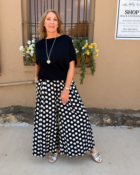 Polka Dot Printed Wide Leg Pants- Black