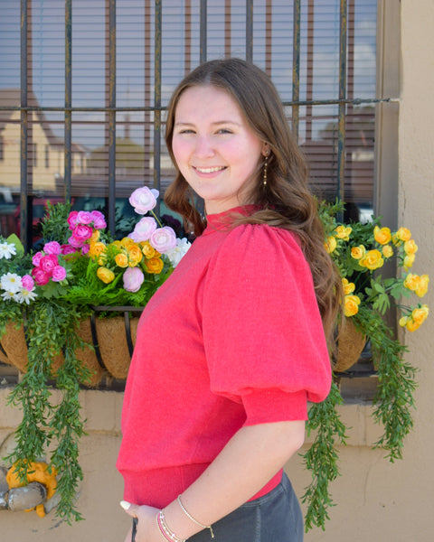 short puff sleeve knitted SWEATER KNIT TOP - Red - Salty Lime Boutique