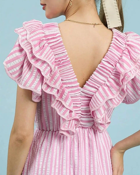Lining Stripe V Neck Ruffle Midi Dress- Pink - Salty Lime Boutique