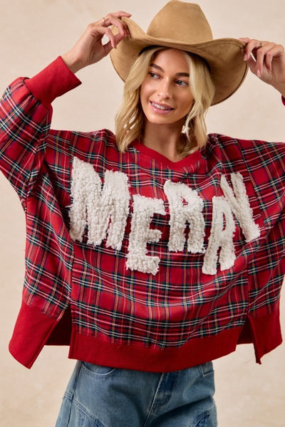 MERRY CHRISTMAS PLAID SWEATSHIRT - RED