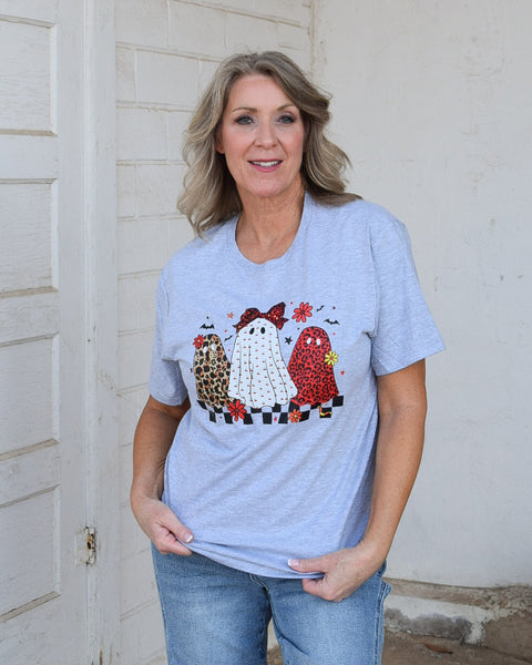 LEOPARD GHOSTIES GRAPHIC TEE- HEATHERED GREY