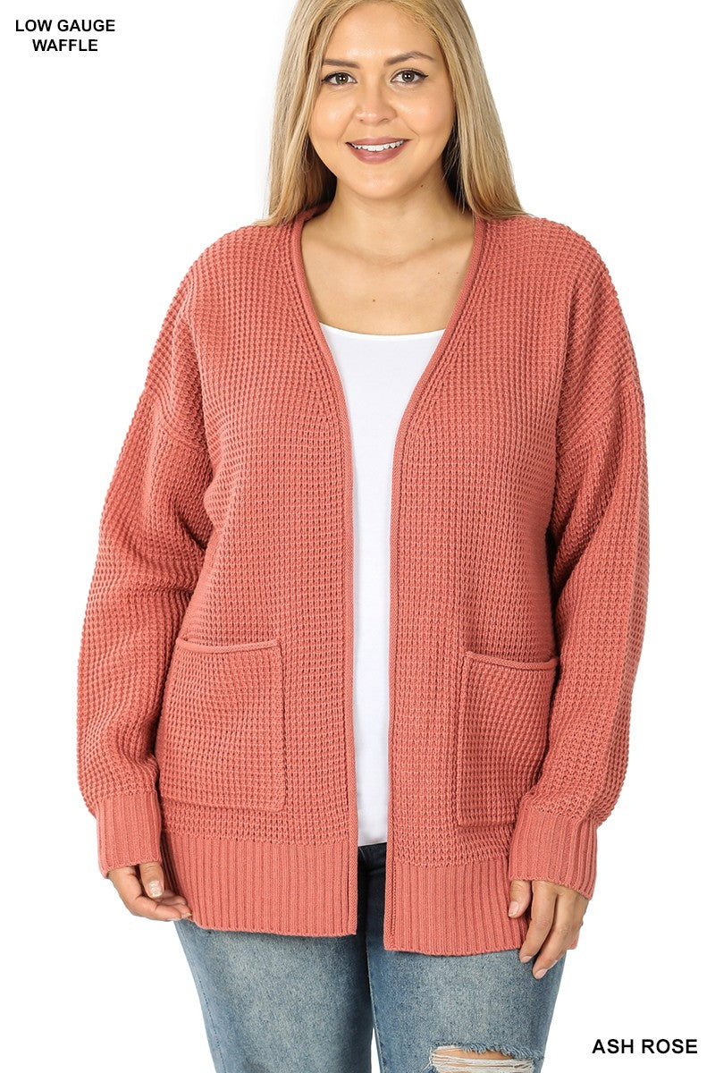 CURVY - LOW GAUGE WAFFLE OPEN CARDIGAN SWEATER - ASH ROSE