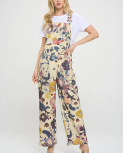 BOTANICAL FLORAL PRINT OVERALL - BEIGE