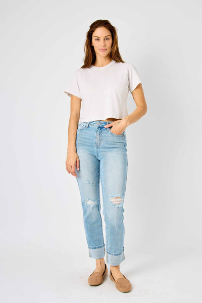 MR AMERICANA FLAG CUFF BOYFRIEND JEAN BY JUDY BLUE - REG/CURVY