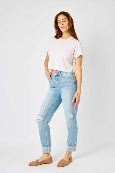 MR AMERICANA FLAG CUFF BOYFRIEND JEAN BY JUDY BLUE - REG/CURVY