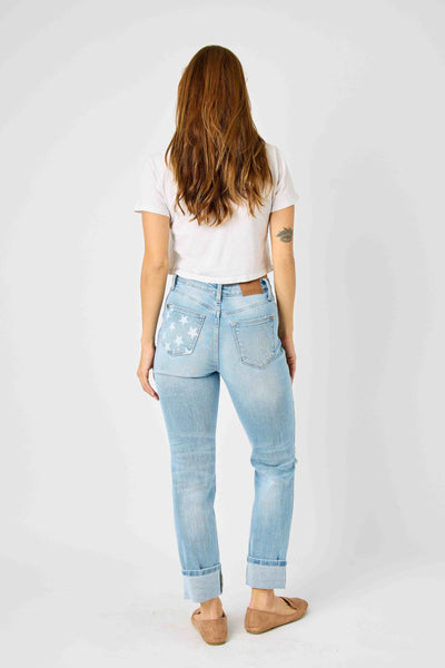 MR AMERICANA FLAG CUFF BOYFRIEND JEAN BY JUDY BLUE - REG/CURVY