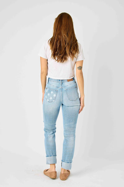 MR AMERICANA FLAG CUFF BOYFRIEND JEAN BY JUDY BLUE - REG/CURVY