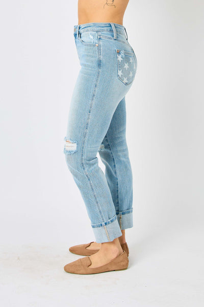 MR AMERICANA FLAG CUFF BOYFRIEND JEAN BY JUDY BLUE - REG/CURVY