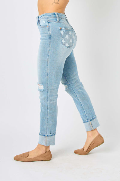 MR AMERICANA FLAG CUFF BOYFRIEND JEAN BY JUDY BLUE - REG/CURVY