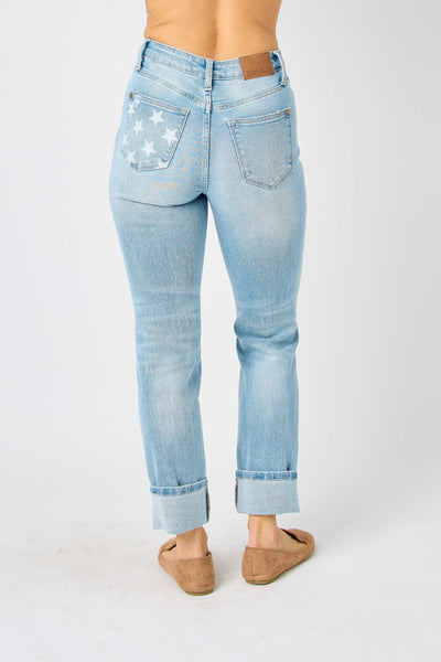 MR AMERICANA FLAG CUFF BOYFRIEND JEAN BY JUDY BLUE - REG/CURVY