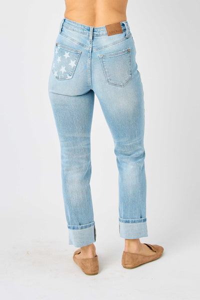 MR AMERICANA FLAG CUFF BOYFRIEND JEAN BY JUDY BLUE - REG/CURVY