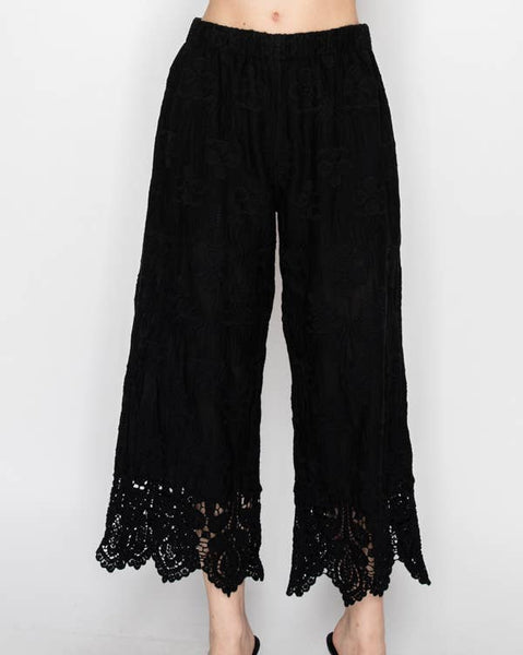 Embroidered lace wide leg pants  OLS-4986BK: BK / S/M - Salty Lime Boutique