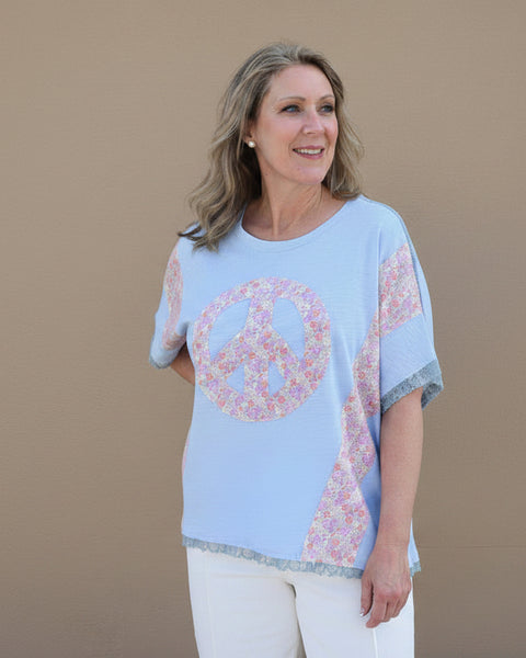 Peaceful Blooms Color Block Top - Lt. Blue