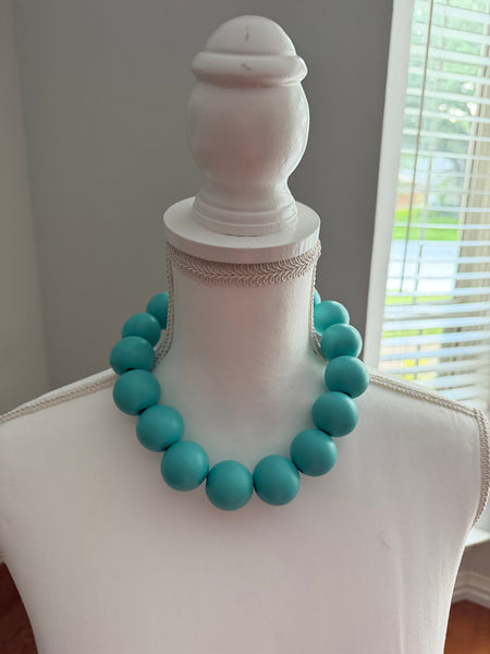 Chunky Wooden Bead Necklace - Turquoise