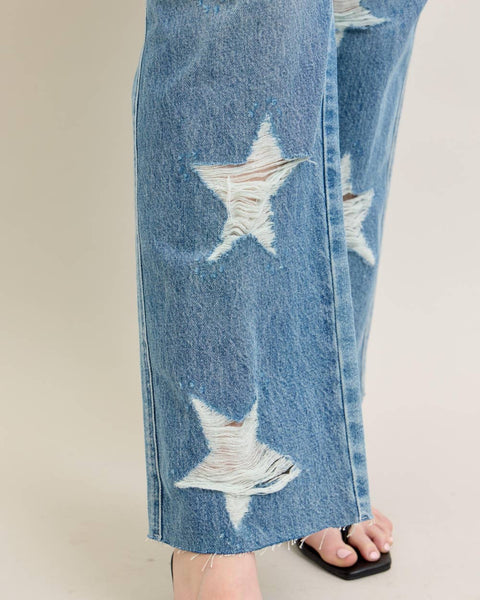 Judy Blue Jeans High Ride Rigid Magic Star Shaped Destroy 90's Straight Jeans Reg/Curvy