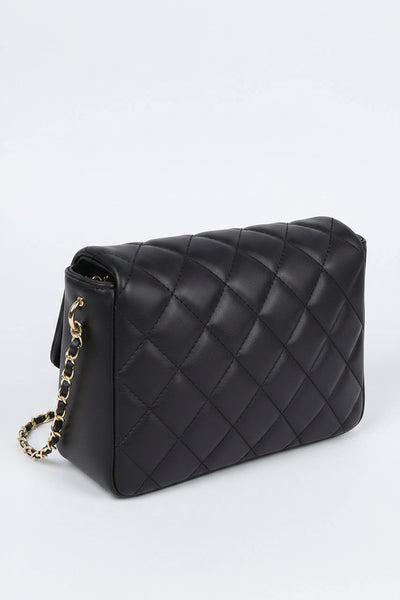 Quilted Faux Leather Flap Bag: Black - Salty Lime Boutique