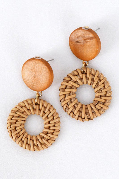 COREY NATURAL WOVEN WOOD DROP EARRINGS