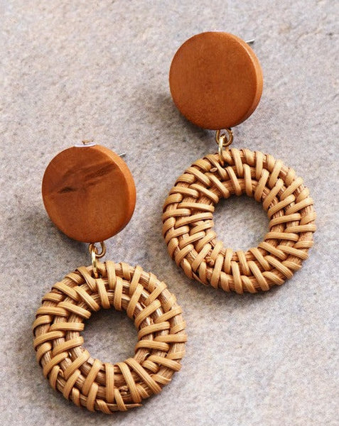 COREY NATURAL WOVEN WOOD DROP EARRINGS