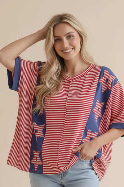 V-Neck Dolman Sleeve Stripe & Solid Color Block Star Patch Knit Top - Red - Salty Lime Boutique