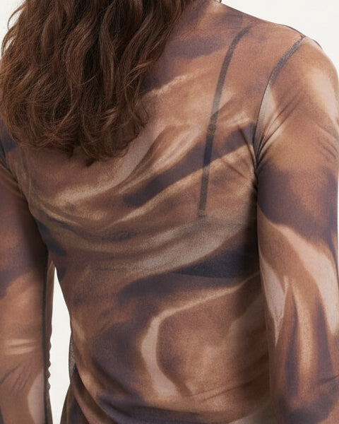 Abstract Mock Neck Mesh Top - Brown