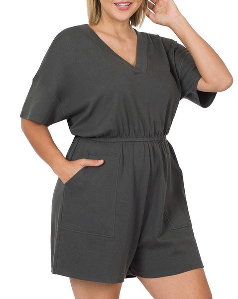 CURVY - JUST GET COMFY ROMPER WITH POCKETS - 2 COLORS