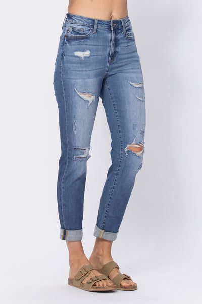 HW DISTRESSED CUFFED BOYFRIEND JEAN BY JUDY BLUE - CURVY