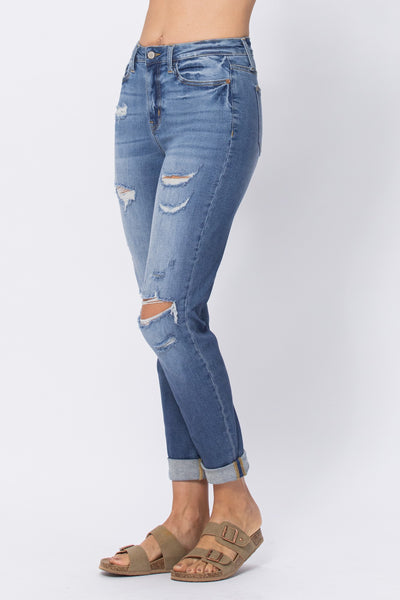 HW DISTRESSED CUFFED BOYFRIEND JEAN BY JUDY BLUE - CURVY