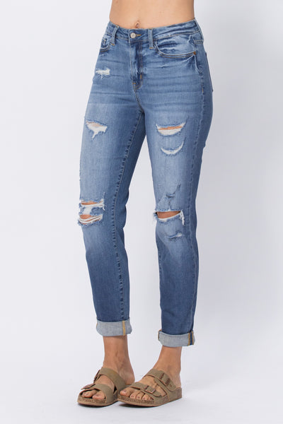 HW DISTRESSED CUFFED BOYFRIEND JEAN BY JUDY BLUE - CURVY