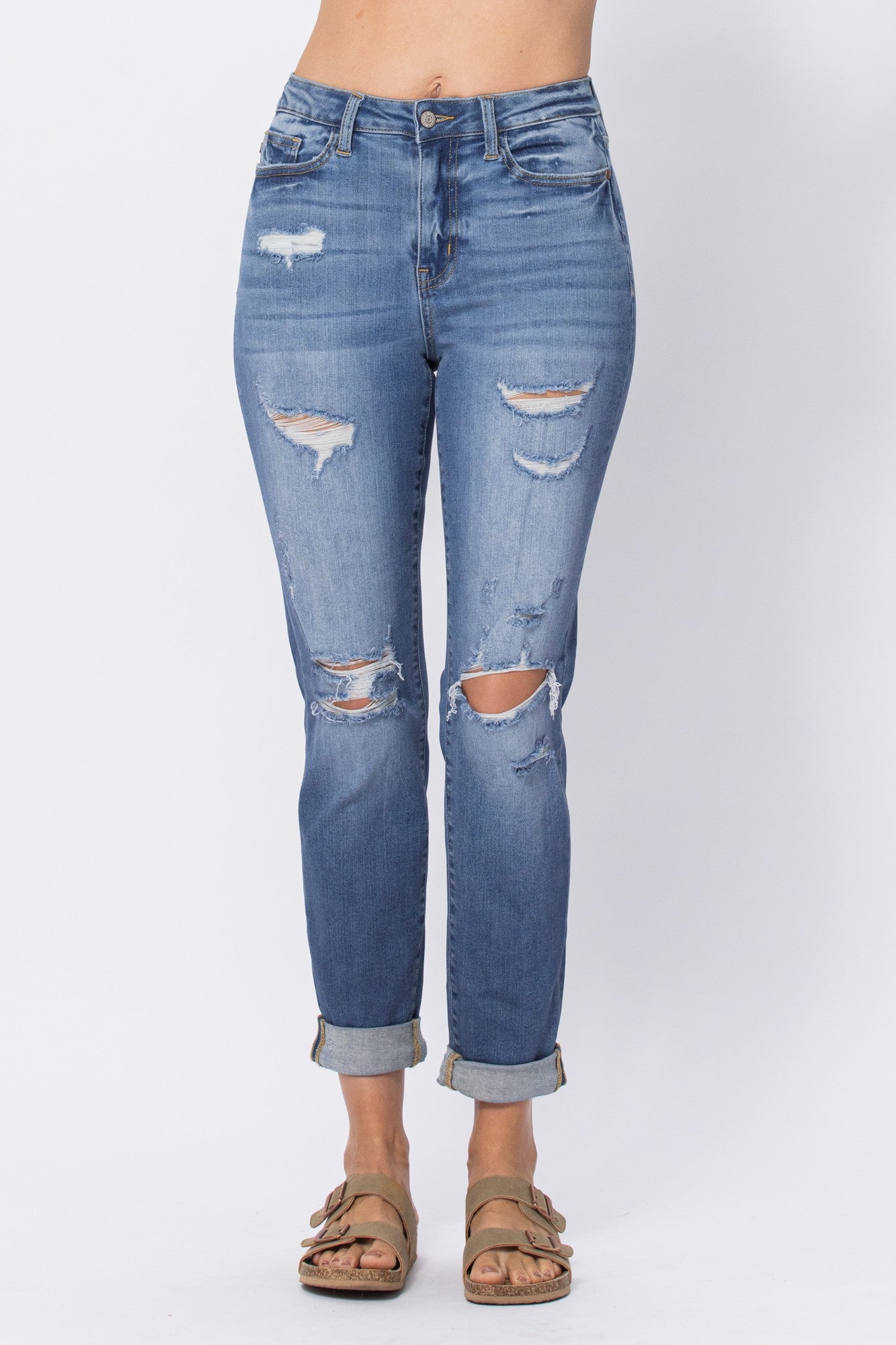 HW DISTRESSED CUFFED BOYFRIEND JEAN BY JUDY BLUE - CURVY