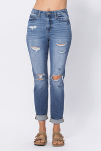 HW DISTRESSED CUFFED BOYFRIEND JEAN BY JUDY BLUE - CURVY