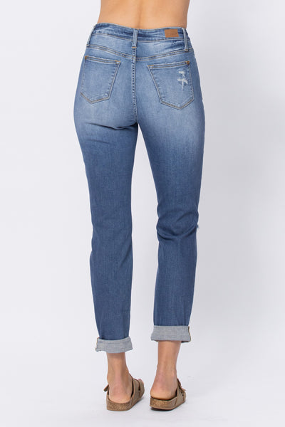 HW DISTRESSED CUFFED BOYFRIEND JEAN BY JUDY BLUE - CURVY