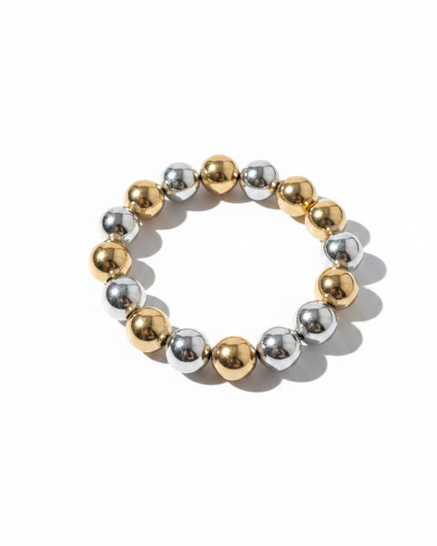 Medium Two-Tone Shiny Bead Stretchy Bracelet - Silver/Gold